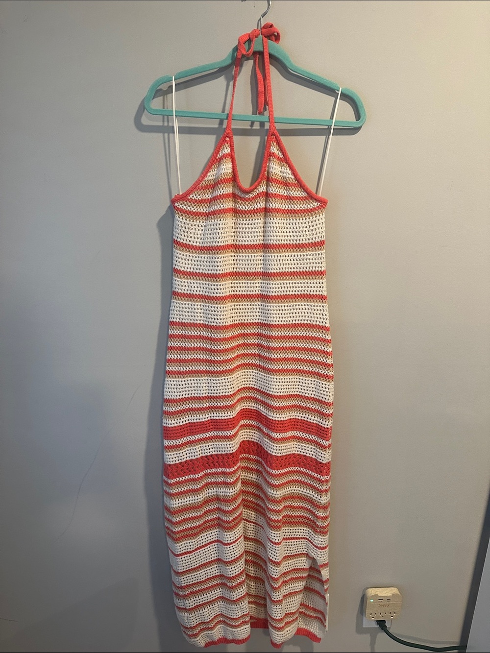 Crochet Halter Maxi Dress in Coral and White